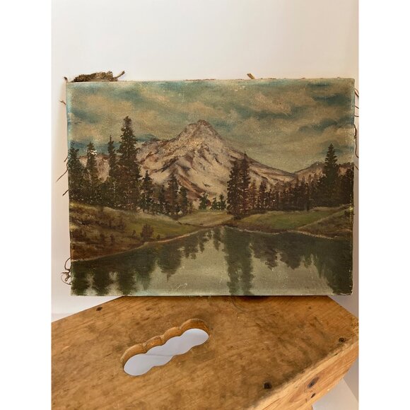 Vintage Distressed Charm Moody Mountain Landscape Oil Painting on Canvas 12"x16" - Picture 14 of 15